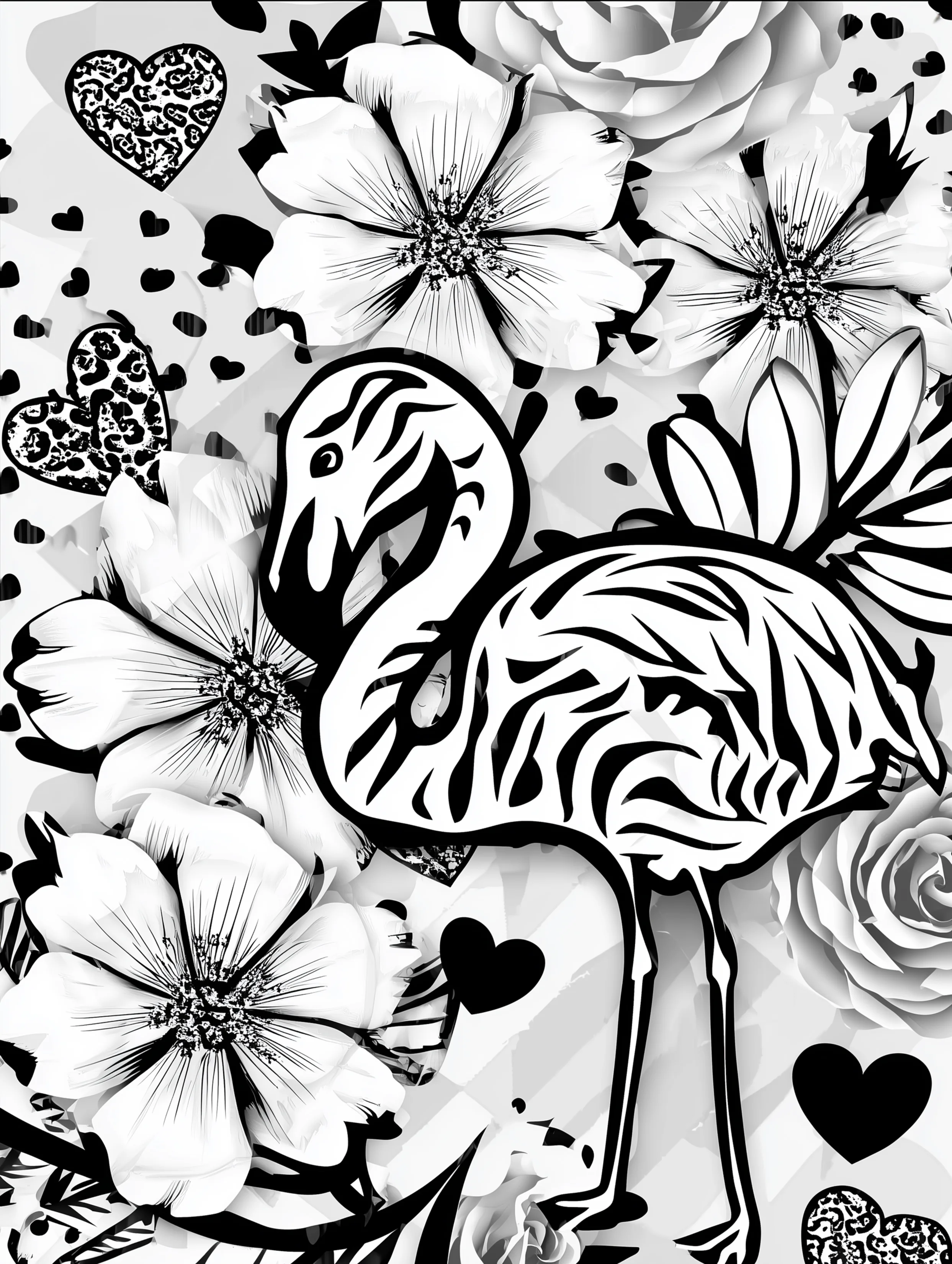 Free printable bird coloring page for adults featuring a flamingo with flowers